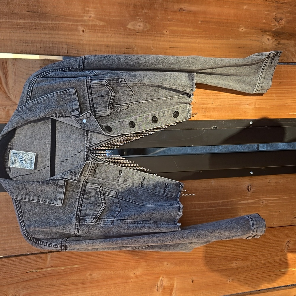 Charcoal Cropped Denim Jacket with Rhinestone Fringe Sz M